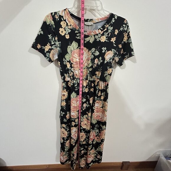 Flamingo Urban Women Black Floral Knit Round Neck Short Sleeve Maxi Dress SMALL - Picture 4 of 8